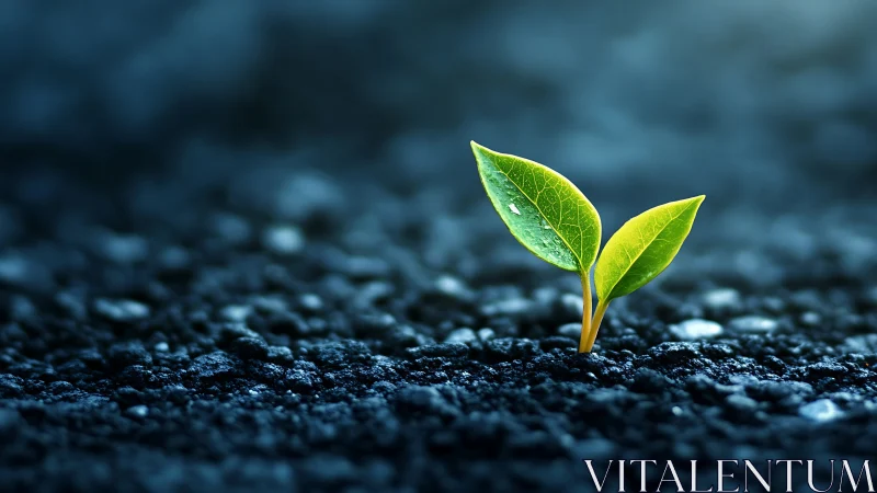 Tiny green sprout glowing with hope on dark gravel ground.