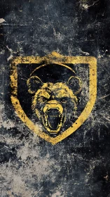 Roaring bear emblem centered inside worn yellow shield