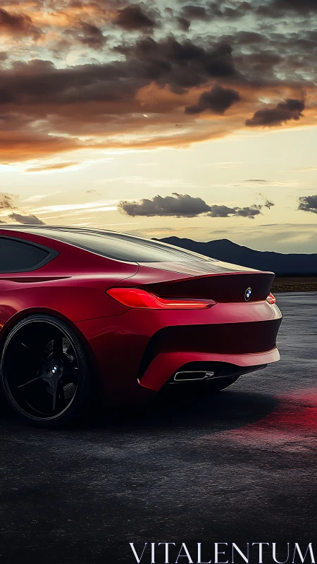 Crimson coupe prowls dusk highways beneath ember clouds.