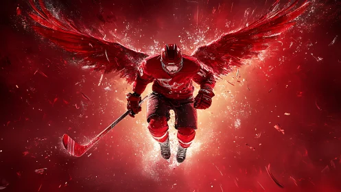 Winged ice hockey warrior soaring through explosive red light.
