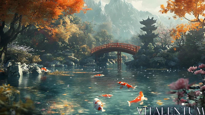 Koi glide beneath a red bridge in a tranquil autumn garden.