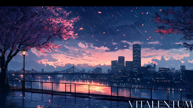 Rainlit cherry skyline serenade over the riverfront dusk.