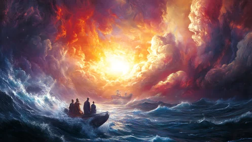 Storm-tossed fishing boats under apocalyptic radiant sky.