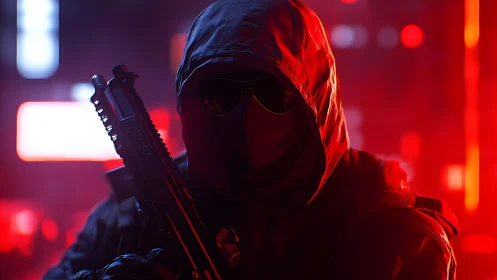 Neon vigilante cloaked in scarlet haze of the sleepless city.