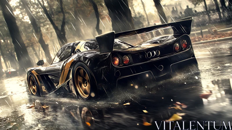 Rain-soaked hypercar drifting through reflective city streets.