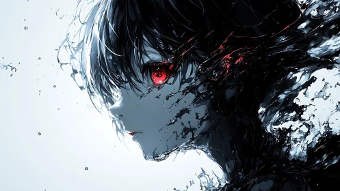 Liquid shadow spirit with glowing red eyes emerging gently.