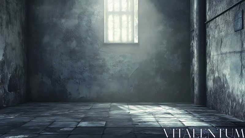 Light through barred window in bleak concrete chamber.