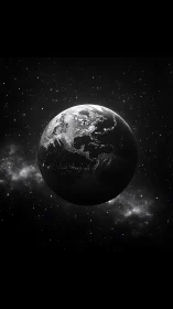 Monochrome Earth orbiting through star-dense deep space.