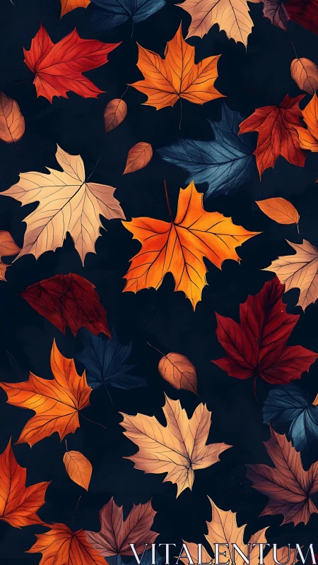 Colorful autumn maple leaves scattered on dark background.