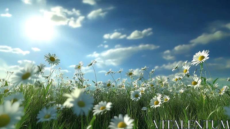 Photorealistic low-angle meadow of sunlit white daisies.