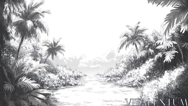 Tropical Riverside Landscape with Detailed Pencil Cross-Hatching Rendering Technique