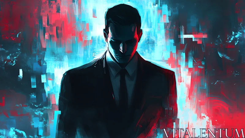 Neon-shadowed agent between glitching red and blue worlds.