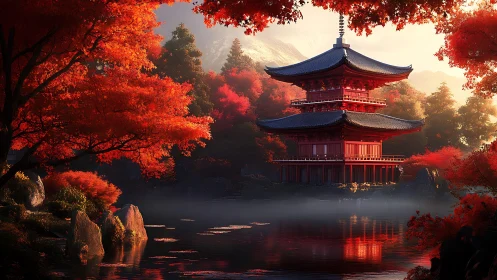 Tiered pagoda structure stands amid dense red foliage