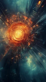 Glowing cyber core within a futuristic digital tunnel.