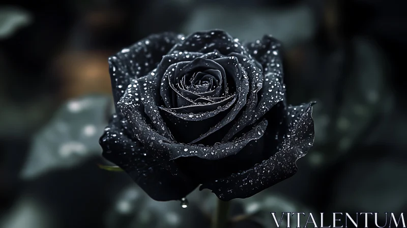 Velvet black rose glistens with dewdrops in moody twilight