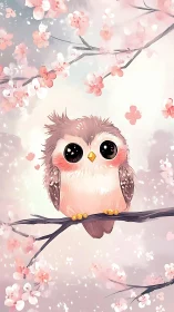 Cartoon owl on branch among stylized pink blossoms.