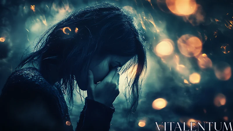 Woman in silhouette holds face amid glowing bokeh haze.