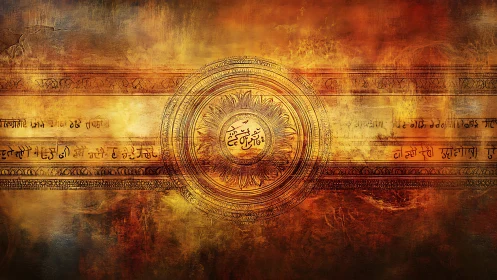 Radiant mandala seal amid burning script textures.