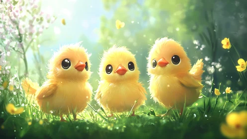 Fluffy baby chicks sparkle in a sunlit spring meadow.