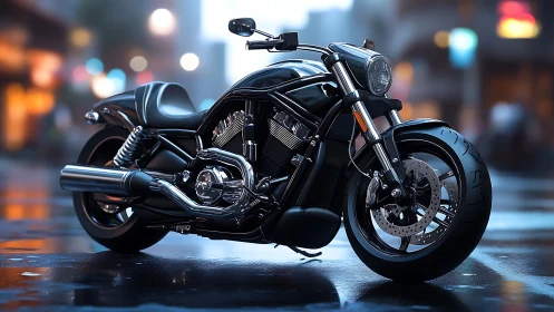 Low-angle render of black V-twin cruiser motorcycle on wet street