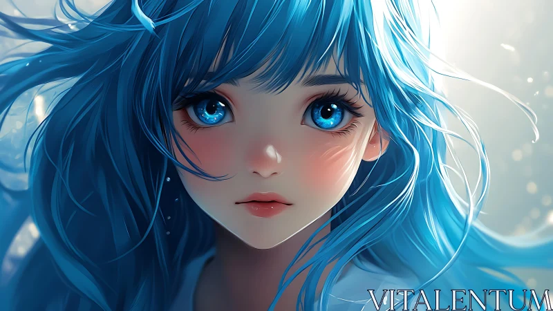 Blue haired anime girl portrait with detailed lighting effects.