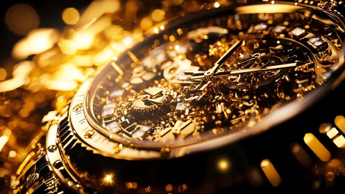 Golden luxury watch glows with intricate, sparkling detail