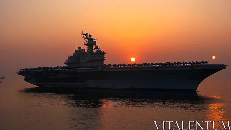 Aircraft carrier silhouette cuts calm sea at vivid sunset