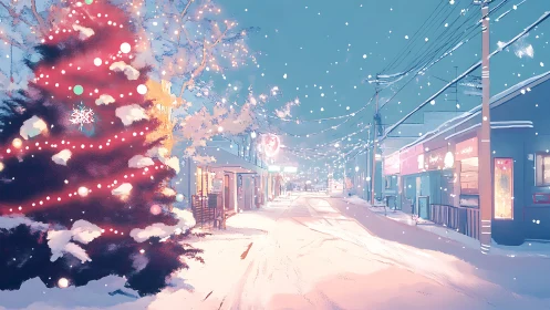 Snowy town street with illuminated outdoor Christmas tree.