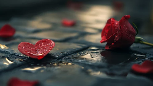 Crimson petals scattered across wet obsidian surface with hyperblurred rose.