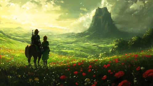 Adventurers survey luminous valley beneath monolithic mountain