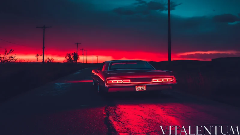 Neon dusk highway cruise under an electric crimson sky.