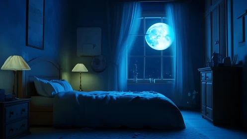 Moonlit bedroom interior with glowing full moon outside.