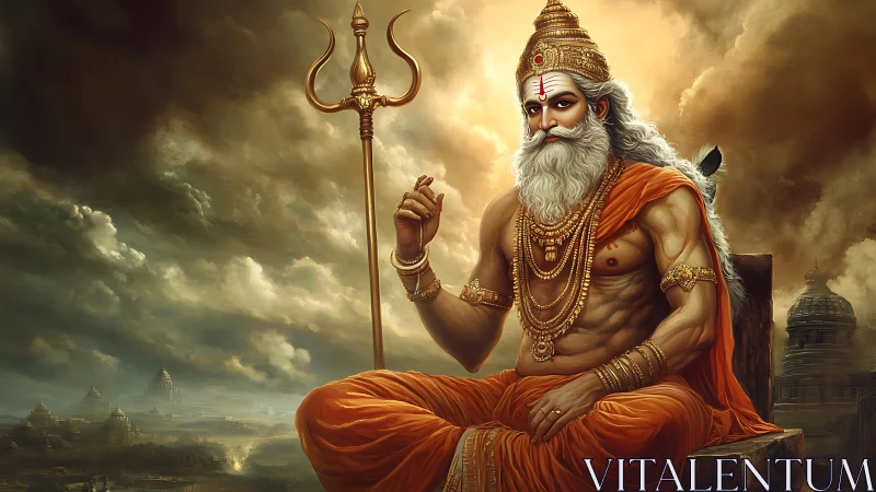 Seated mythological sage with trident under stormy sky.