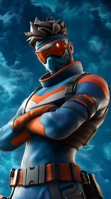 Armored figure in blue and orange suit under cloudy sky.