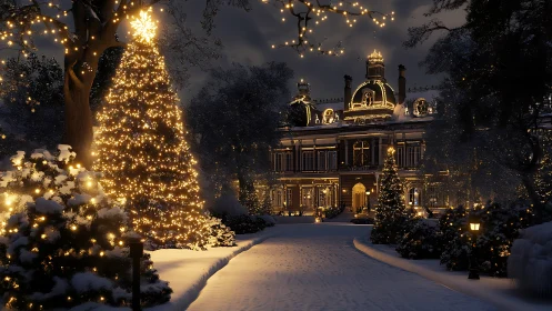 Glistening winter manor welcomes guests with festive lights