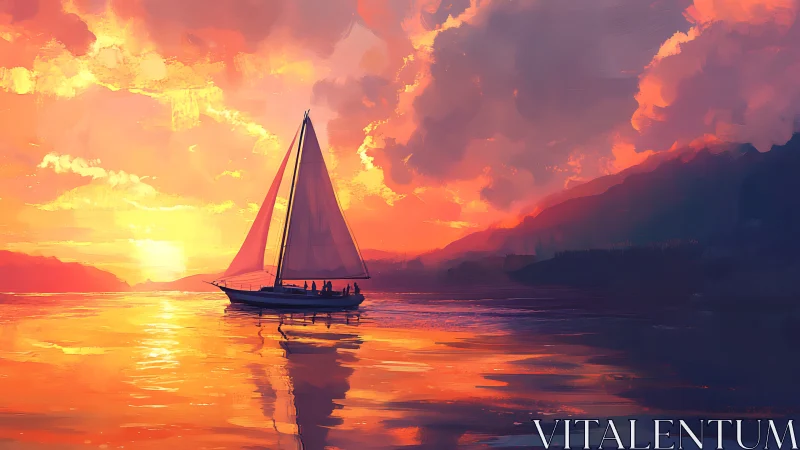 Sunset sailboat drifting gently across glowing waters.