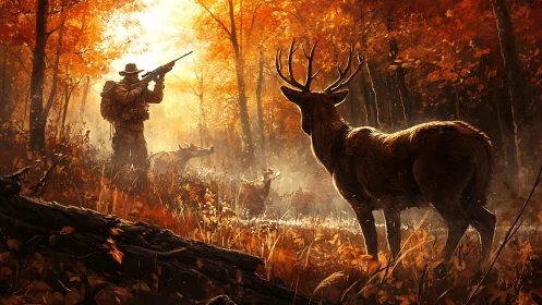 Hunter confronts stag amid blazing autumn forest light.