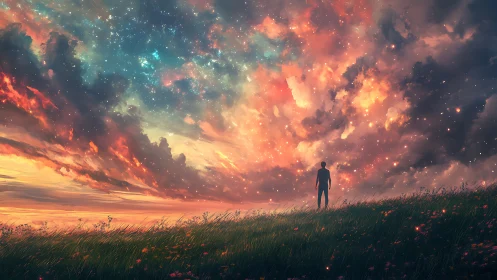 Lone figure observing vivid cosmic sky over meadow.