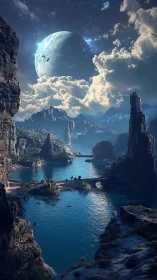 Lunar-littoral canyon system under exaggerated celestial tide.