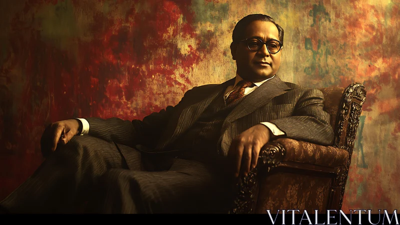 Man in suit seated on ornate chair before abstract backdrop.