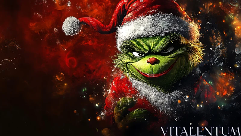 Sinister green Christmas trickster in fiery holiday glow.