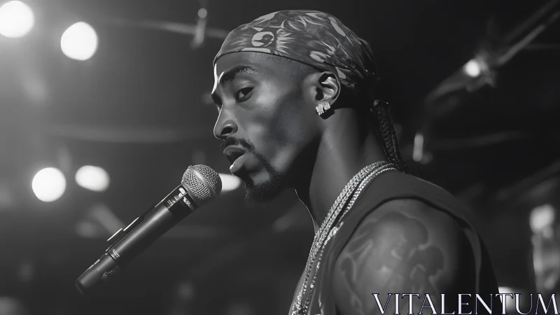 Monochrome stage portrait of bandana clad rapper at mic stand.