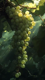 Sunlit grape cluster hanging in deep forest shade.