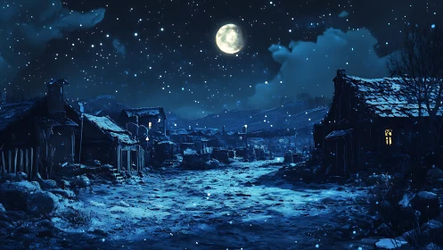 Snow covered village street under bright winter moonlight