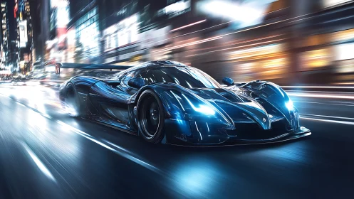 Aerodynamic hypercar renders with high-speed motion blur in neon city