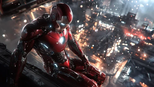 Armored red mech hero sits overlooking blurred city lights