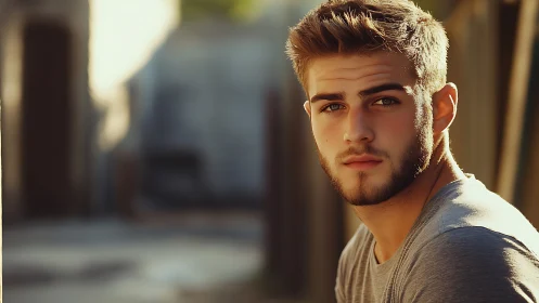 Shallow-depth portrait of bearded man in warm directional sunlight