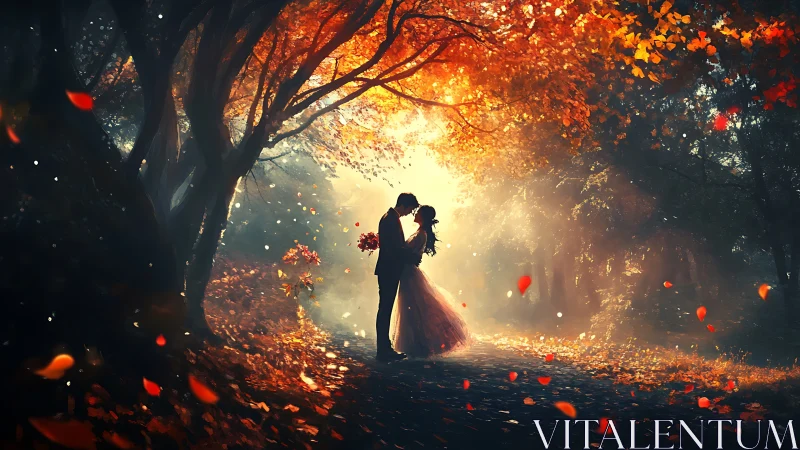 Autumnal Silhouettes: Couple Framed Within Luminescent Arboreal Canopy.