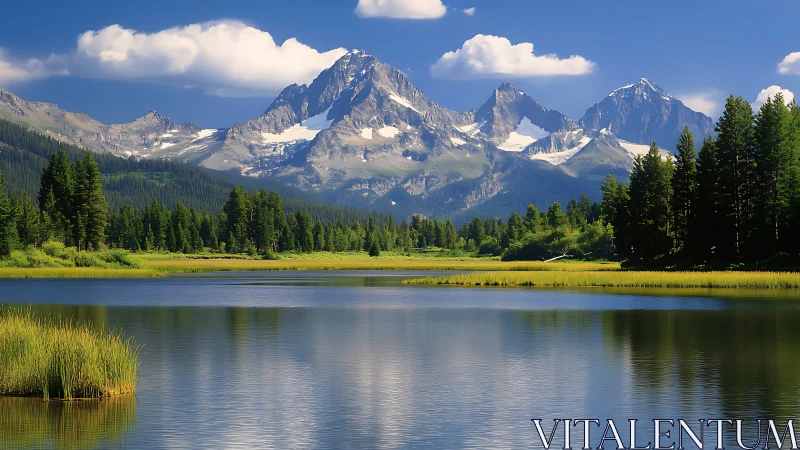 Mountain range rises above forested lake under clear sky