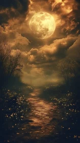 Moonlit dirt path rendered with high contrast atmospheric depth